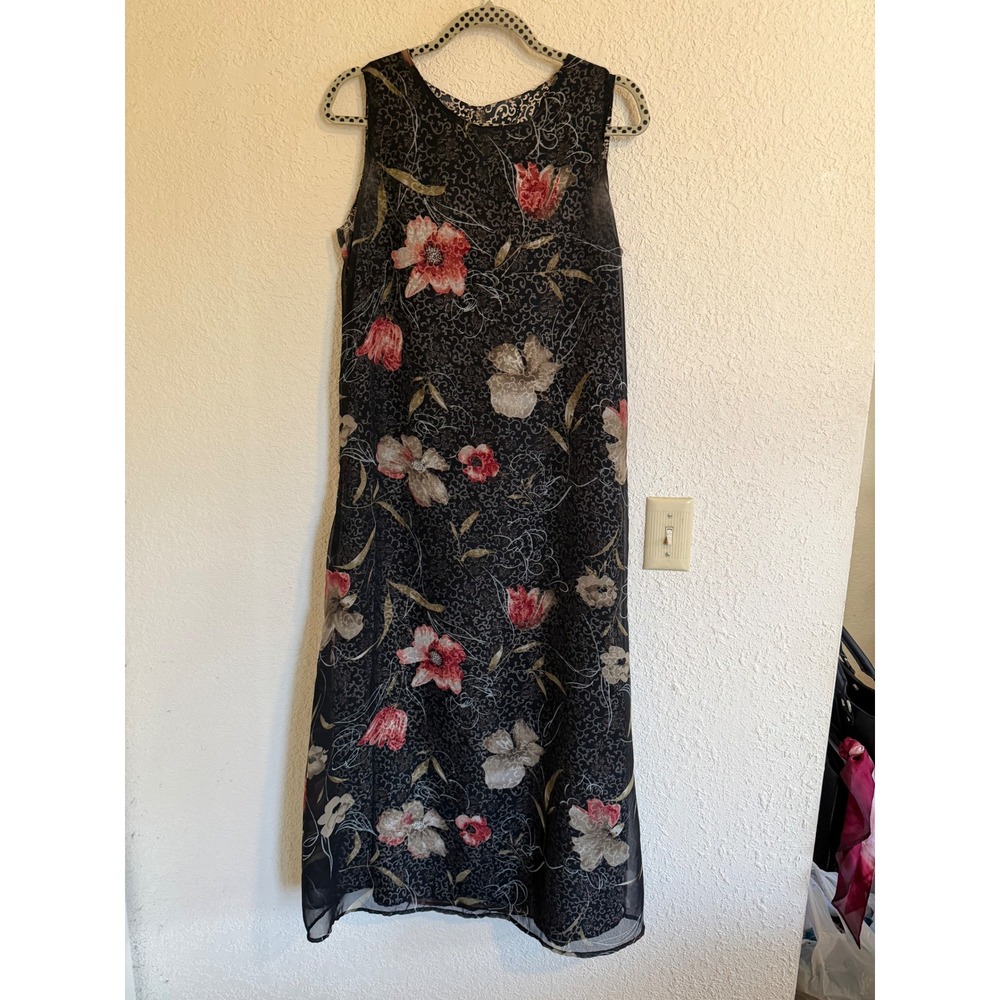 Vintage Impressions Workshop Floral Sheer‎ Maxi Dress Black Red 90s Sleeveless M
